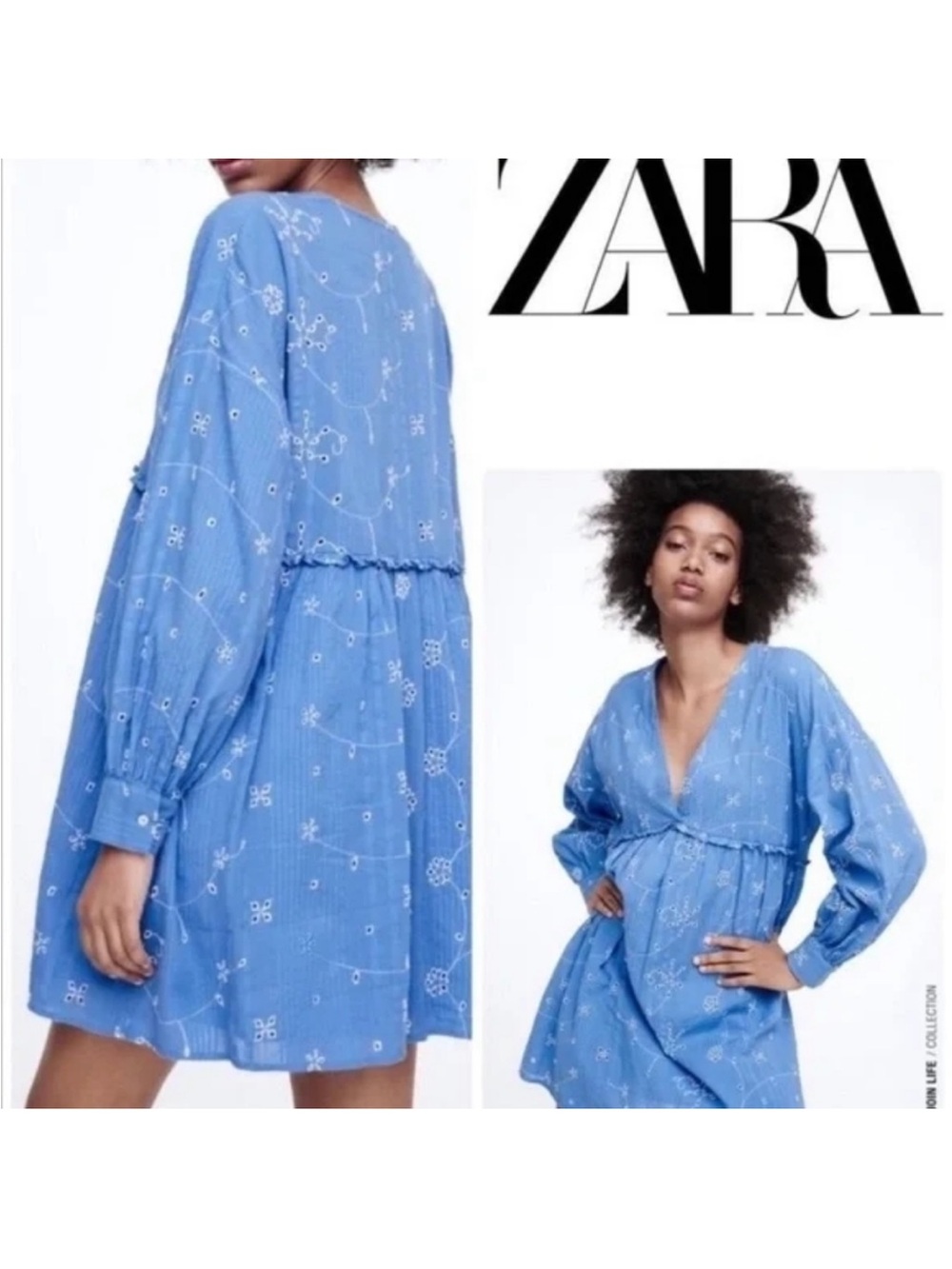 Zara Light Blue Embroidered V-Neck Tunic